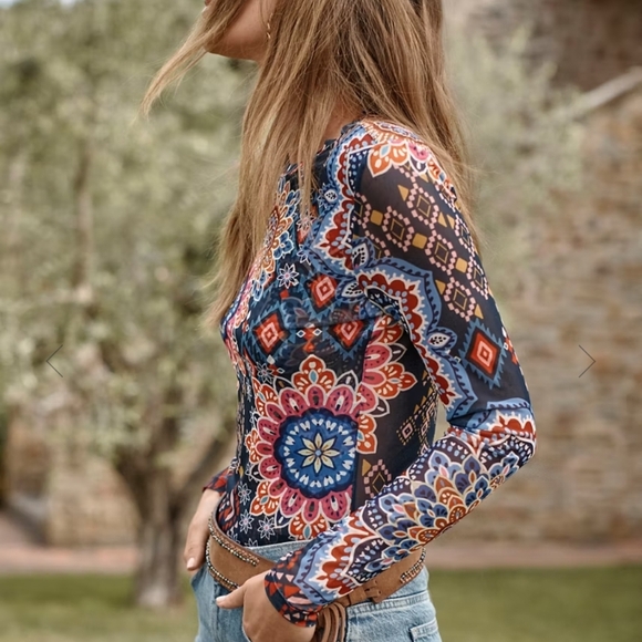 Johnny Was Multicolor Mandala Mesh Long Sleeve Top - Picture 3 of 10